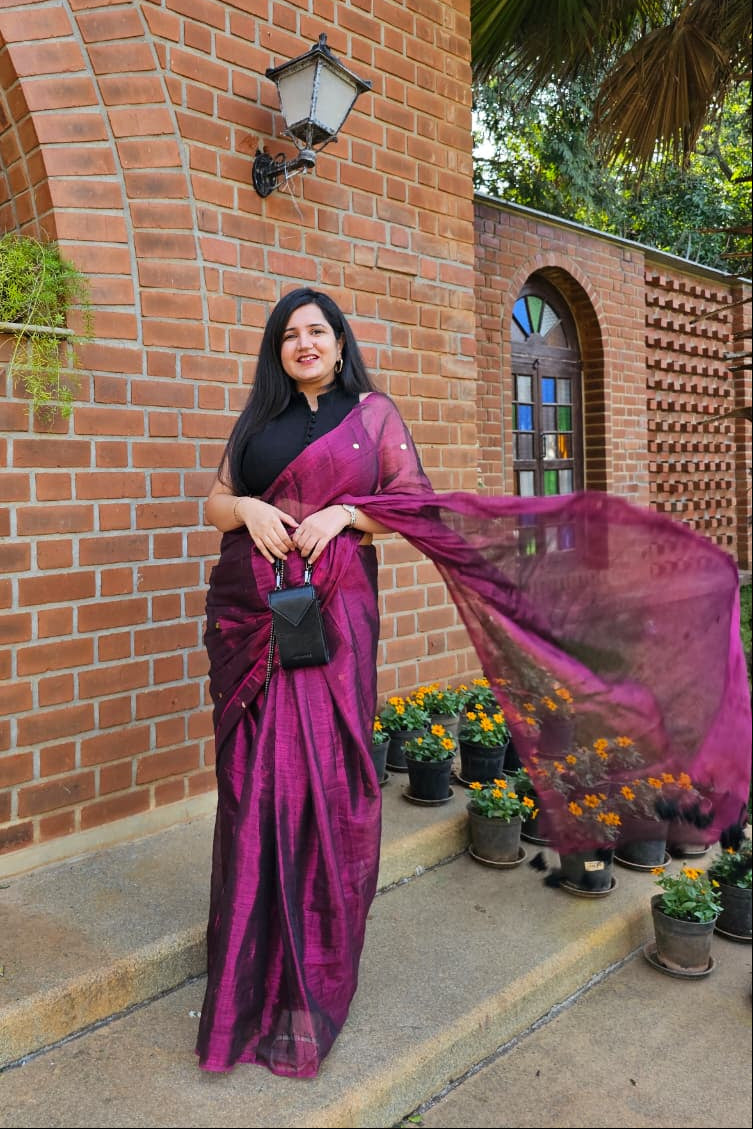 Jamuni Sitara - Royal Wine Tissue Saree with Hand-Tied Tassels