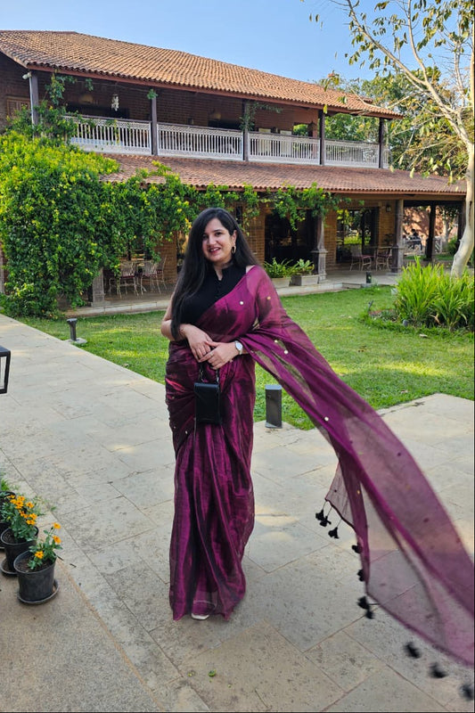 Jamuni Sitara - Royal Wine Tissue Saree with Hand-Tied Tassels