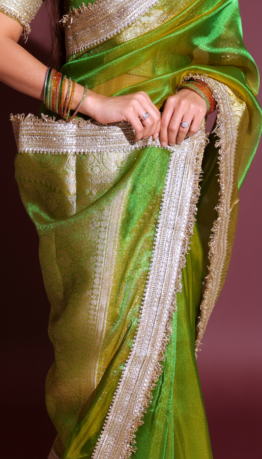 Harita - Vibrant Green Banarsi Saree with Luminous Gold Border