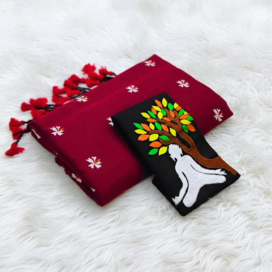 Shanti - Maroon Khadi Saree with Zen-Inspired Buddha Blouse.