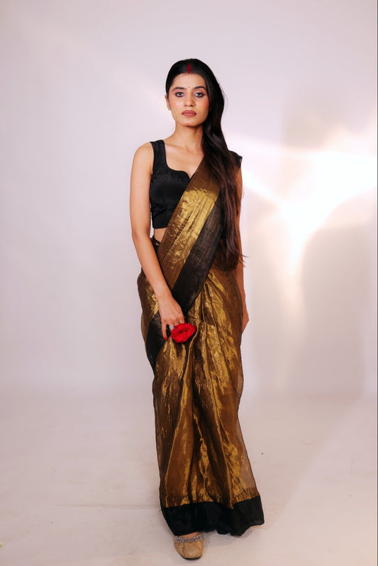 Sunehri – Golden Tissue Saree with Black Contrast Edging