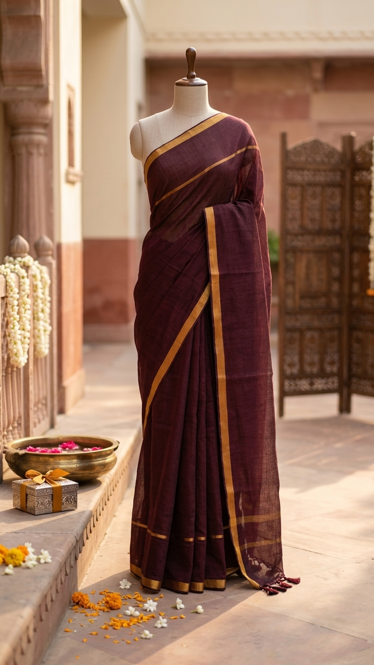 Meher - Deep Wine Mul Cotton Saree with Golden Zari Borders
