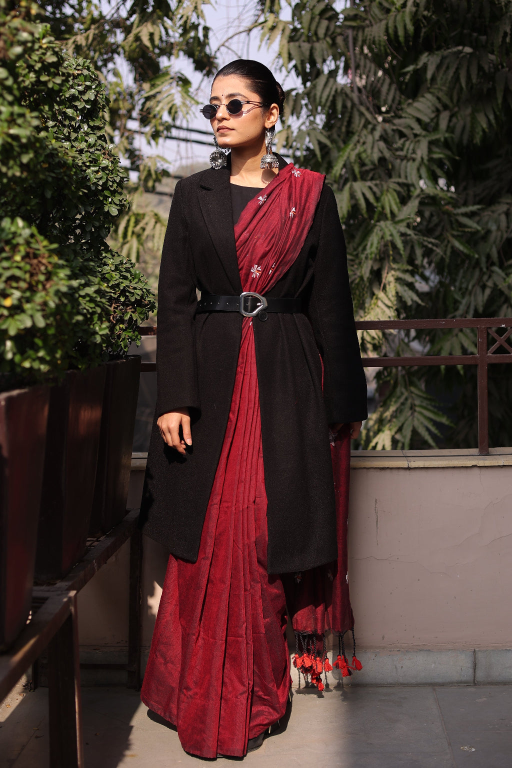 Shanti - Maroon Khadi Saree with Zen-Inspired Buddha Blouse.