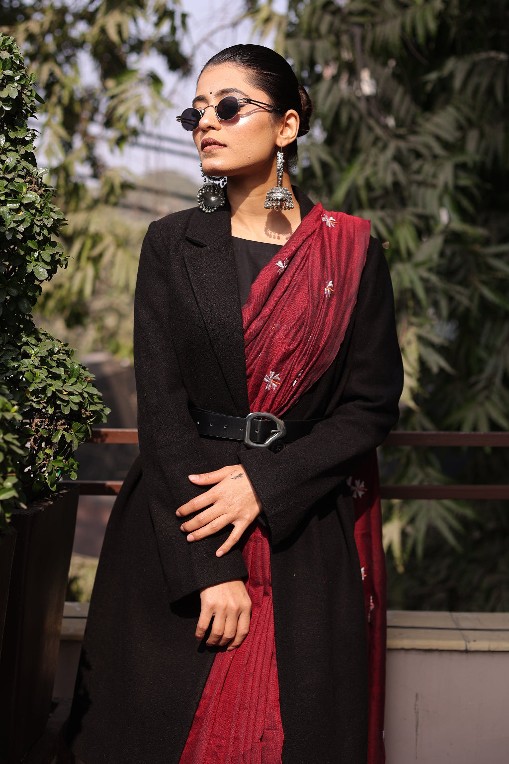Shanti - Maroon Khadi Saree with Zen-Inspired Buddha Blouse.