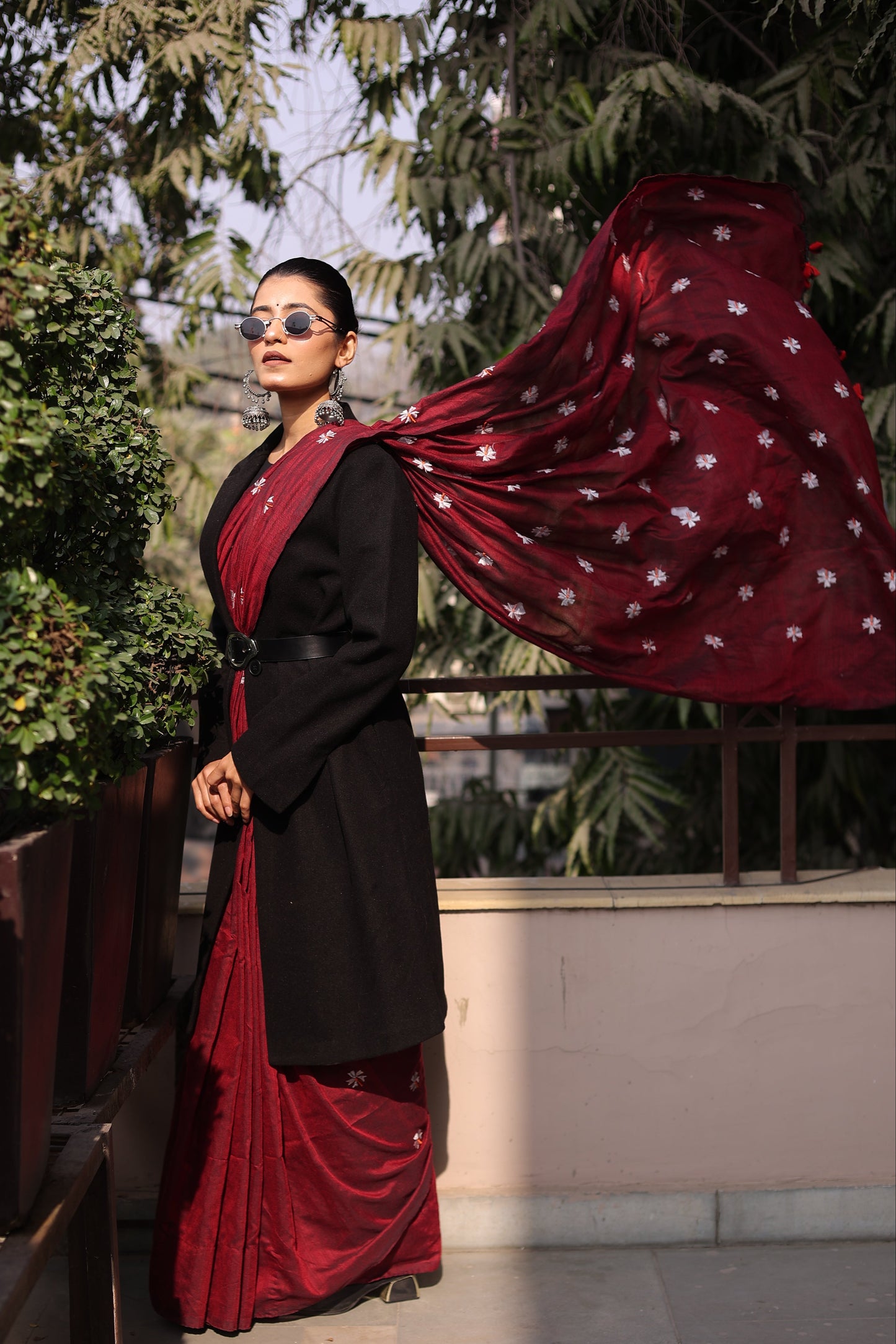 Shanti - Maroon Khadi Saree with Zen-Inspired Buddha Blouse.