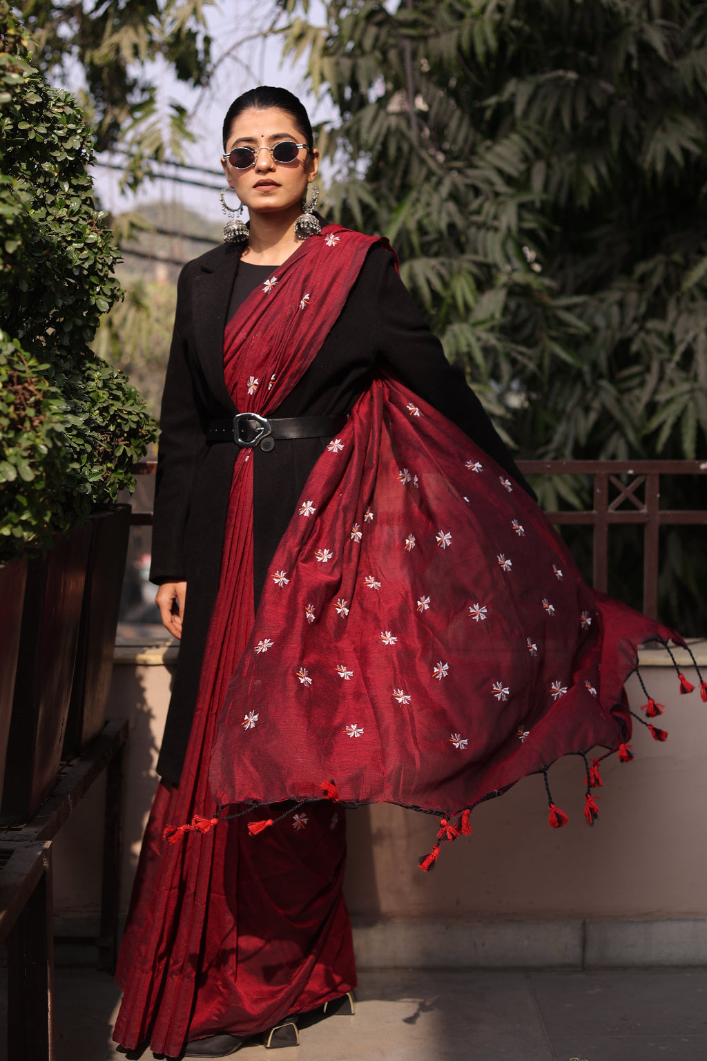 Shanti - Maroon Khadi Saree with Zen-Inspired Buddha Blouse.