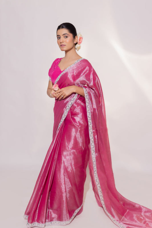 Roohi – Pink Tissue Saree with Mirror Work Border