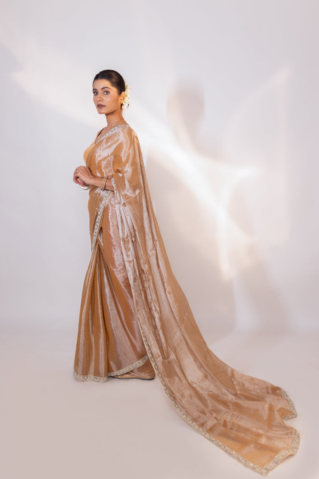 Mehreen – Beige Tissue Saree with Sequin Embellished Border