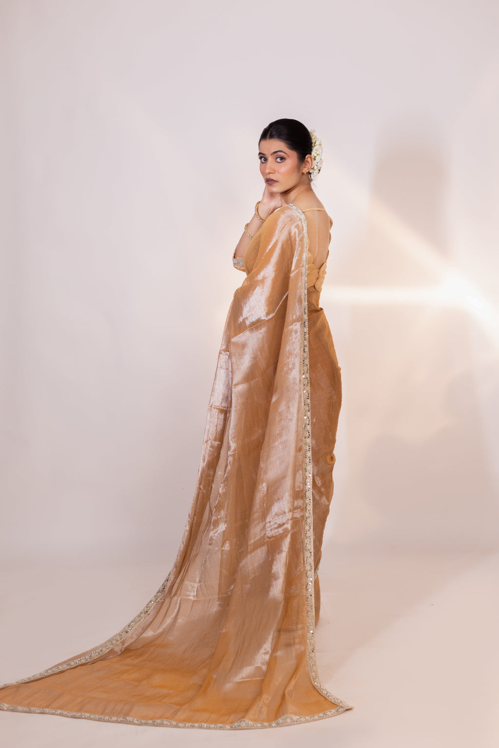 Mehreen – Beige Tissue Saree with Sequin Embellished Border