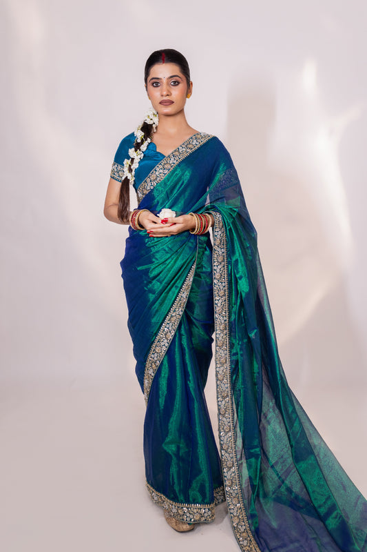 Neelima – Peacock Tissue Saree with Floral Zardozi Border