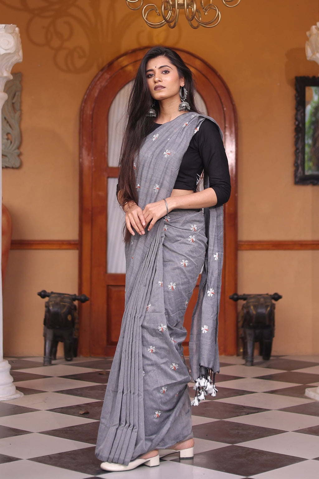 Shakti - Grey Khadi Saree with Divine Durga Embroidered Blouse