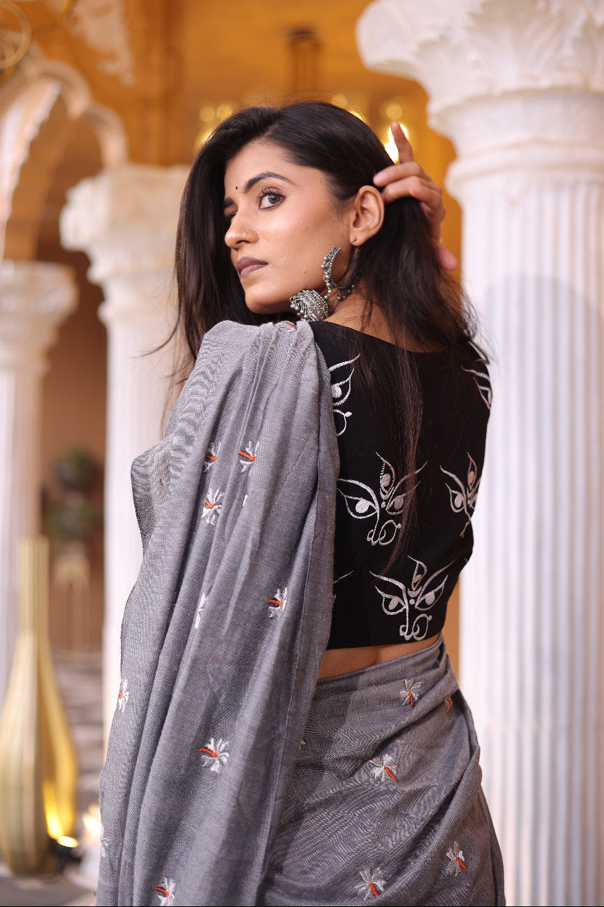 Shakti - Grey Khadi Saree with Divine Durga Embroidered Blouse