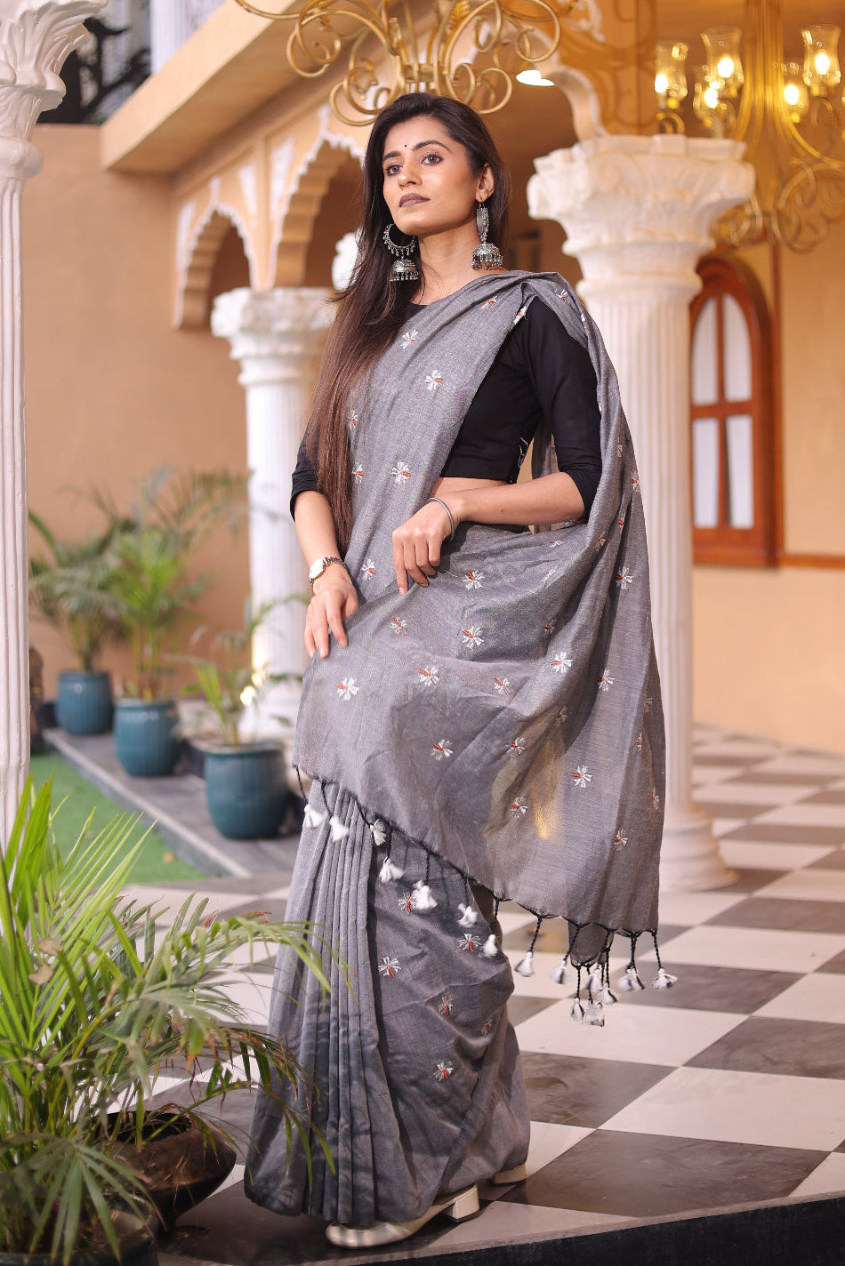 Shakti - Grey Khadi Saree with Divine Durga Embroidered Blouse
