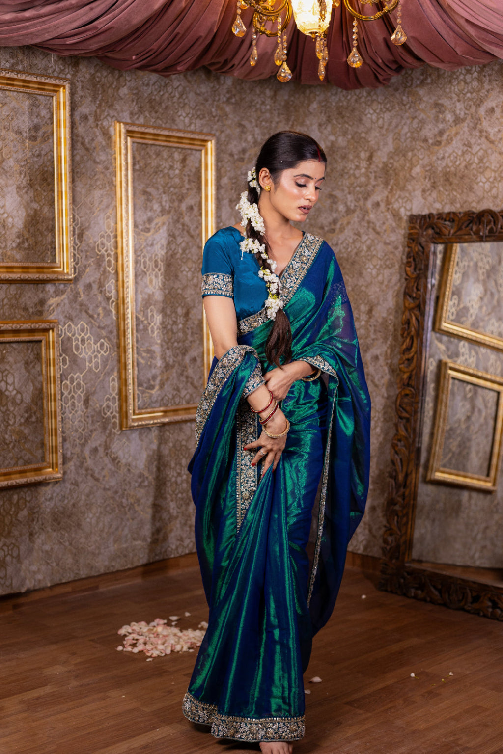 Neelima – Peacock Tissue Saree with Floral Zardozi Border