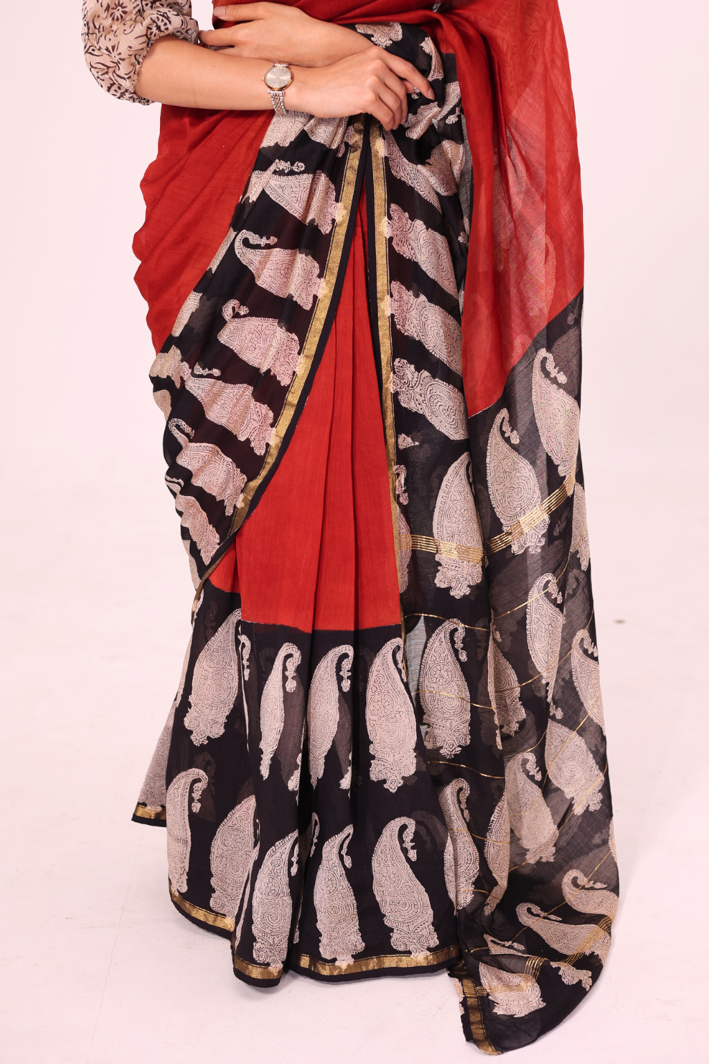Piku – Earthy Red Chanderi Saree with Paisley Block Prints