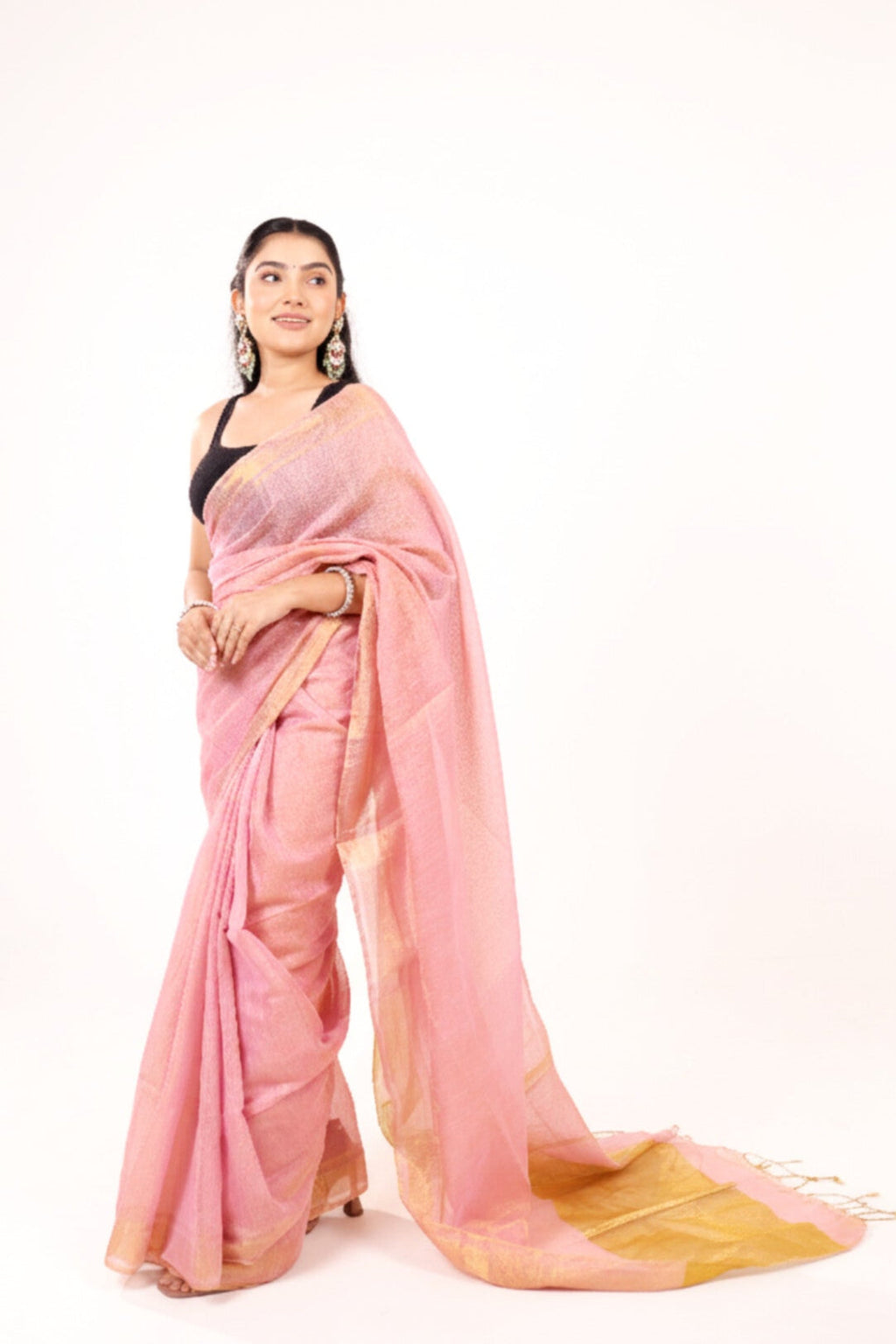 Apsara(Light Pink/Rose Gold) - Shimmering Tissue-Linen Saree for Festive Celebrations
