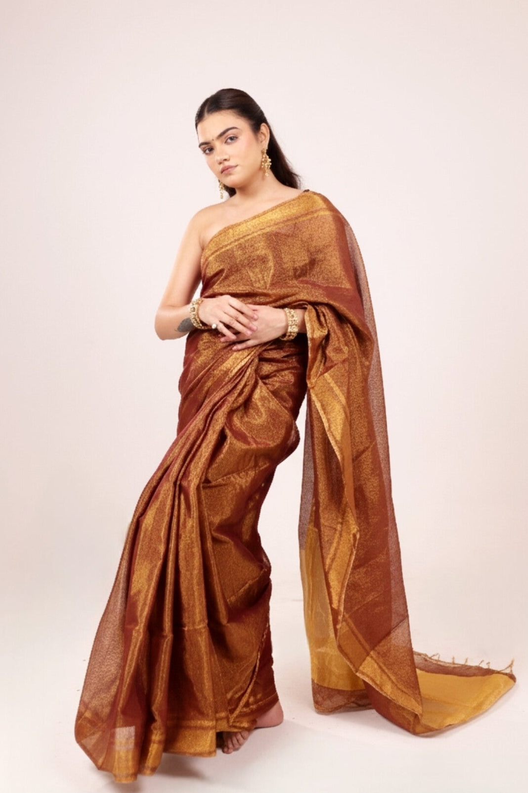 Apsara(Copper/Rusty Gold) - Shimmering Tissue-Linen Saree for Festive Celebrations