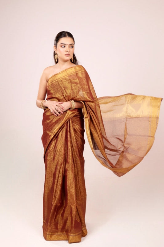 Apsara(Copper/Rusty Gold) - Shimmering Tissue-Linen Saree for Festive Celebrations