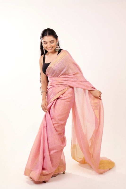 Apsara(Light Pink/Rose Gold) - Shimmering Tissue-Linen Saree for Festive Celebrations