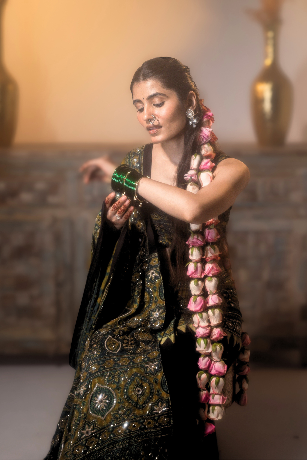 Heena - Handcrafted Ajrakh Saree with Real Mirror, Sequin & Cut-Dana Work