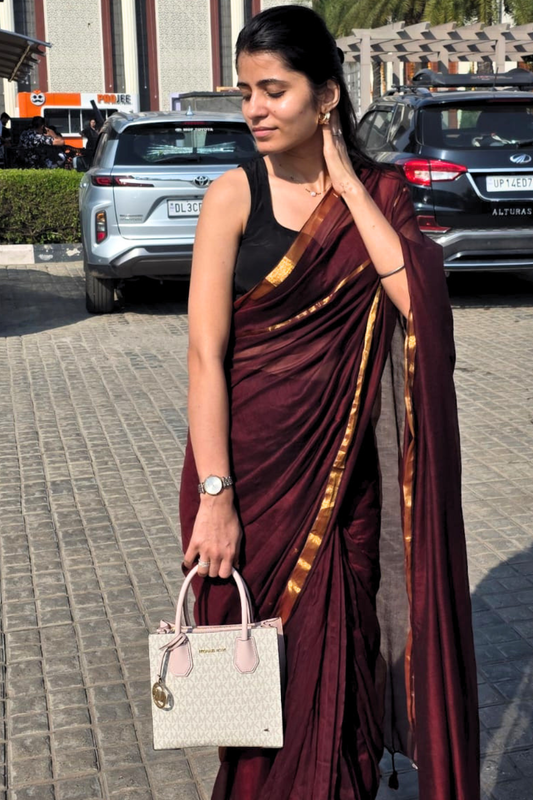 Meher - Deep Wine Mul Cotton Saree with Golden Zari Borders