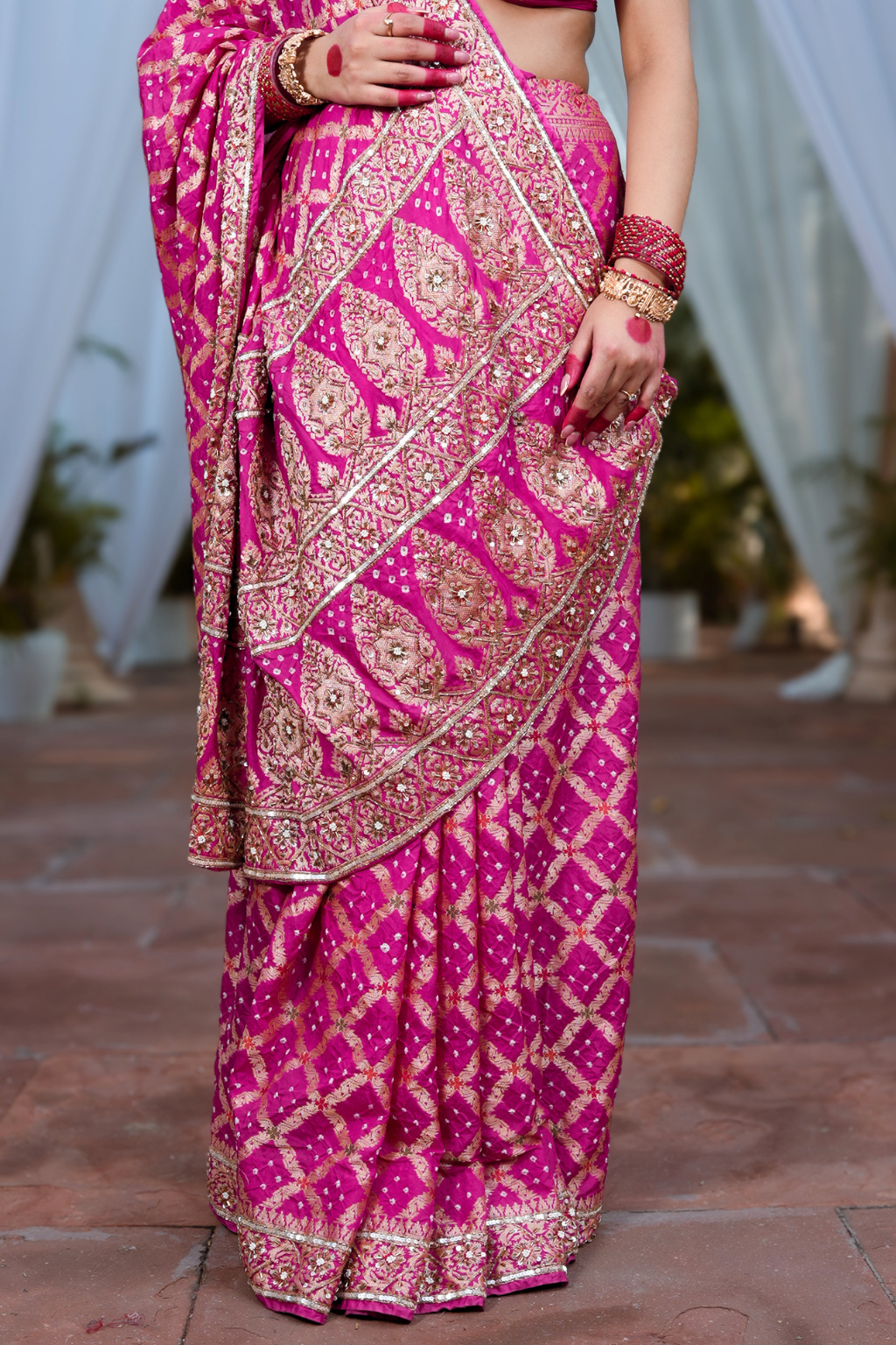 Siddhi - Royal Rani Pink Handcrafted Bandhani Saree with Heavy Cut-Dana & Sequin Handwork