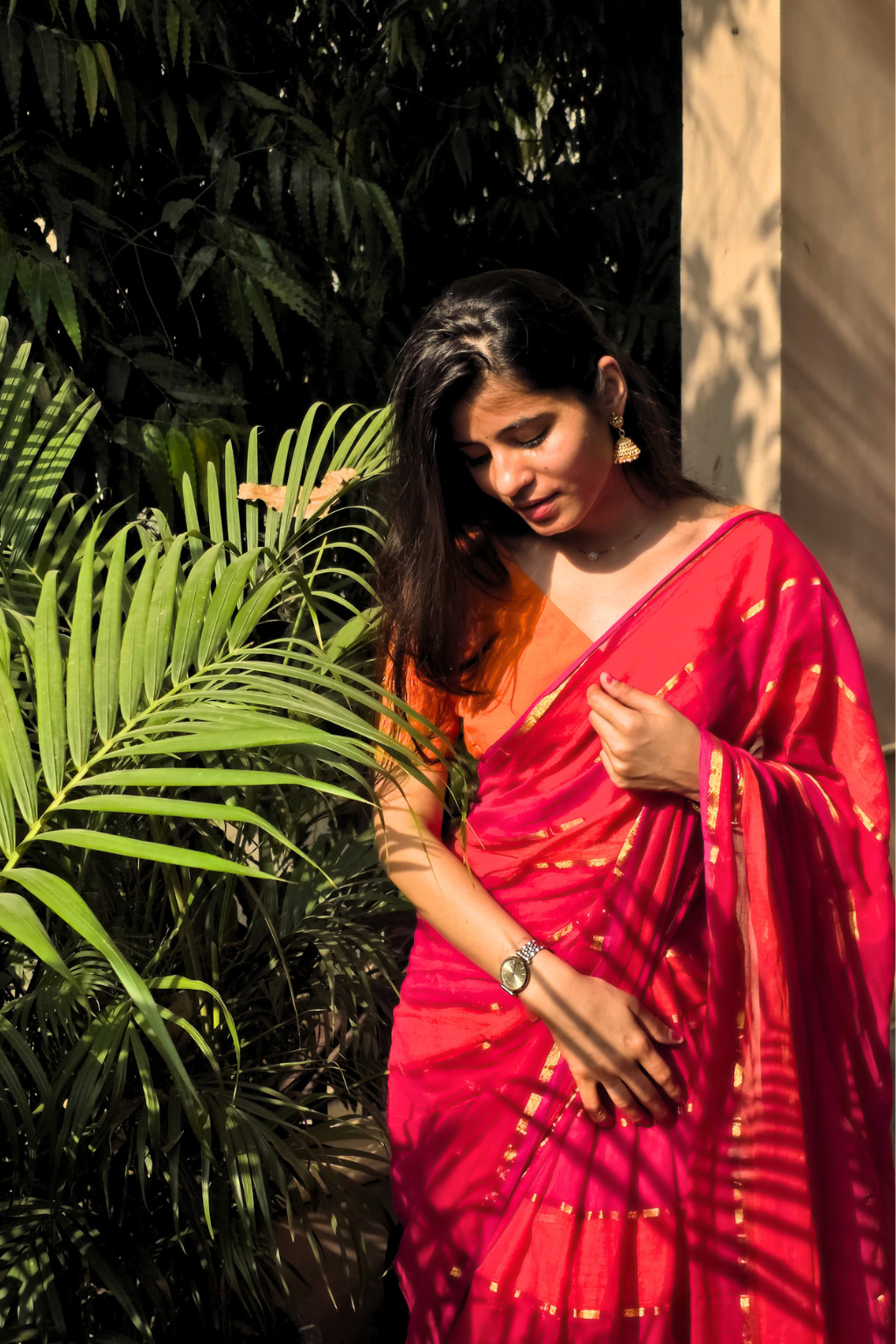 Rangeen Rashmi - Sunset Pink & Orange Mul Cotton Saree