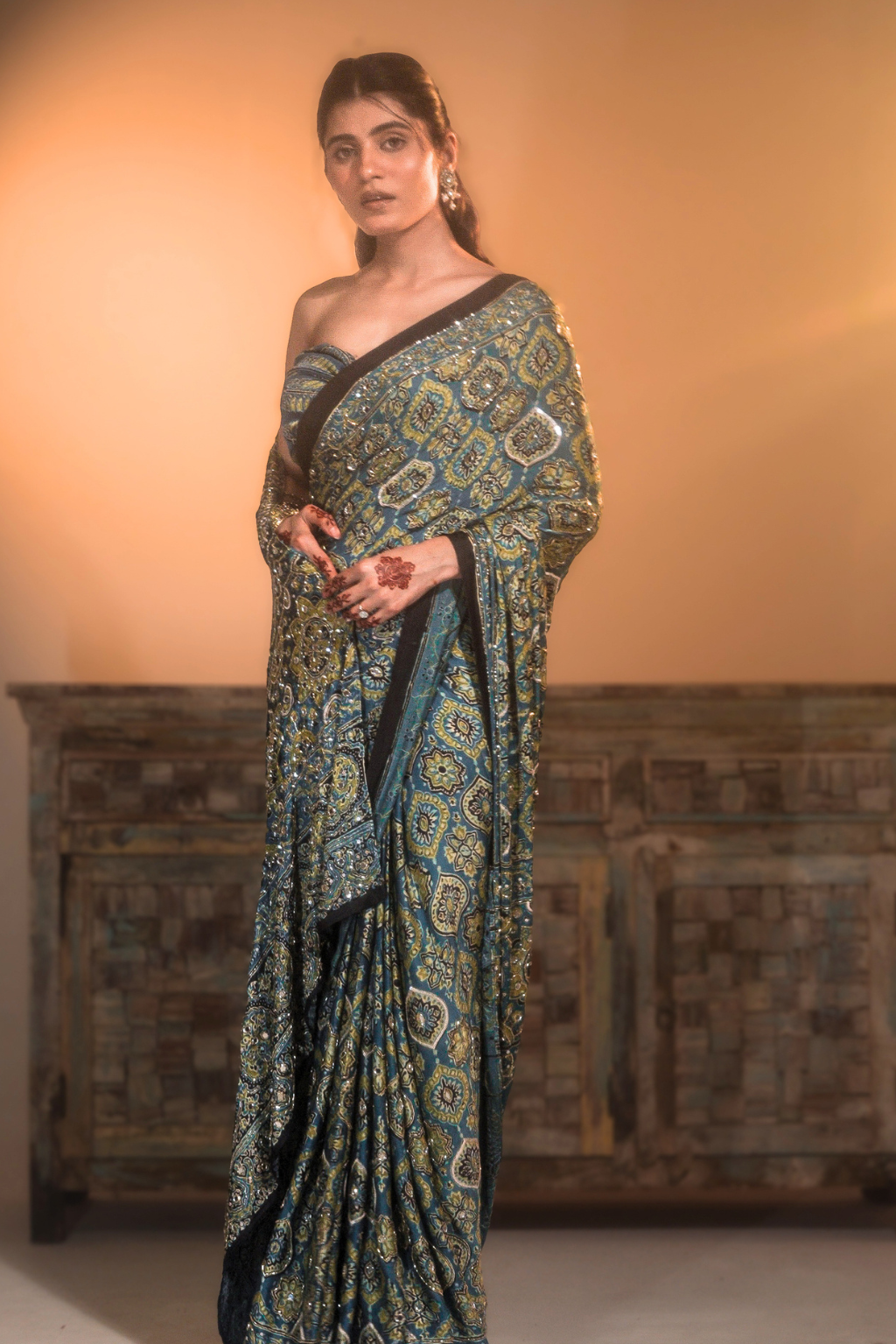 Sheesh Kohinoor - Slate Teal Handcrafted Ajrakh Modal Saree with Cut-Dana, Sequin & Mirror Work