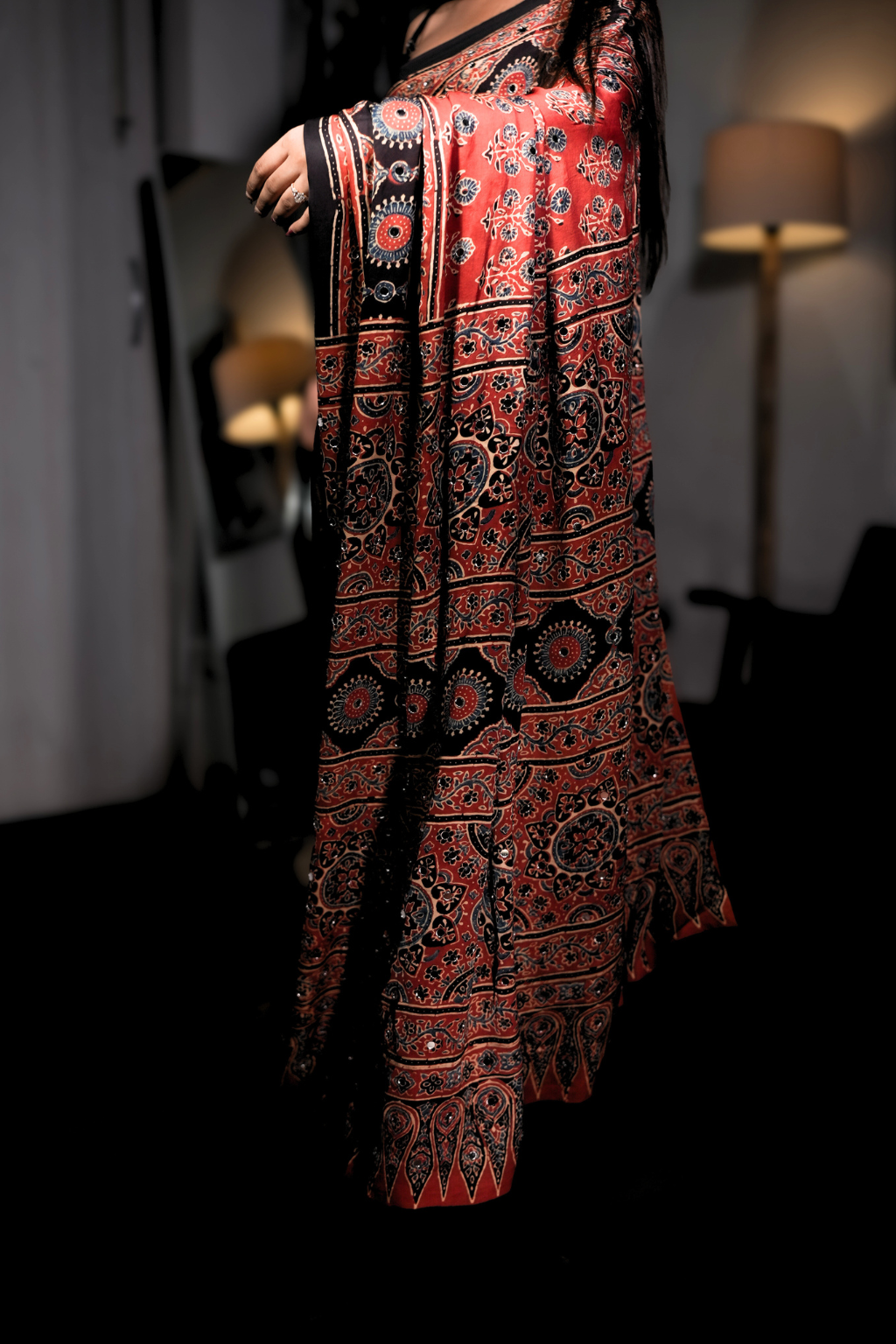 Sheesh Rooh - Handcrafted Ajrakh Modal Silk Saree with Mirror Work
