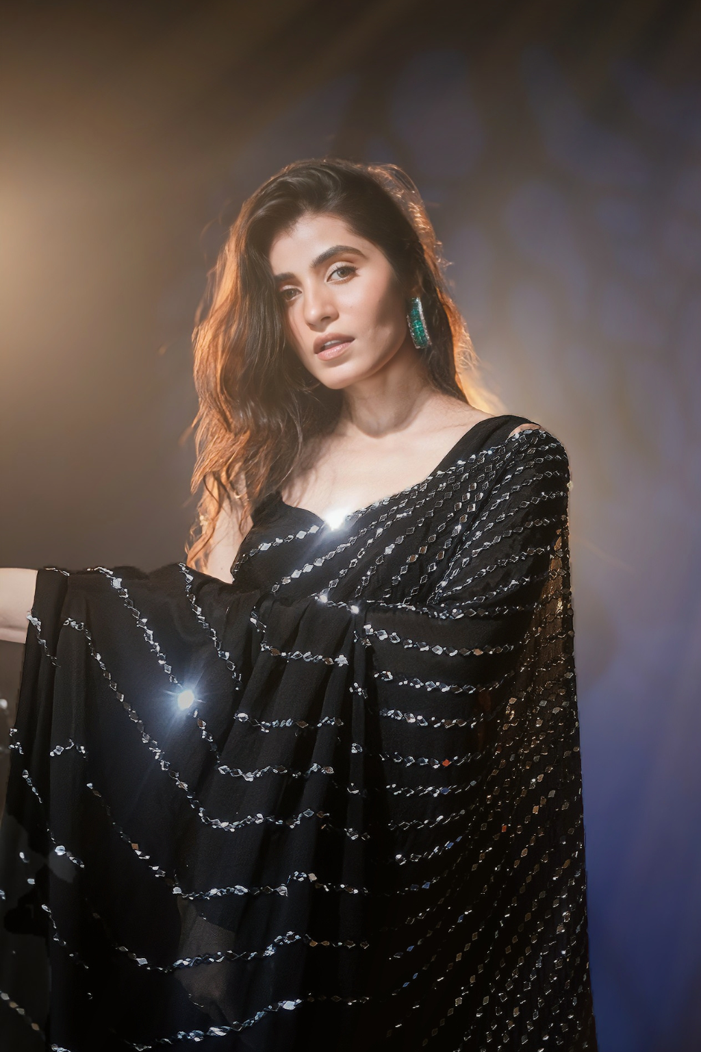 Aaina - Jet Black Chinon Saree with Real Handcrafted Mirror Work