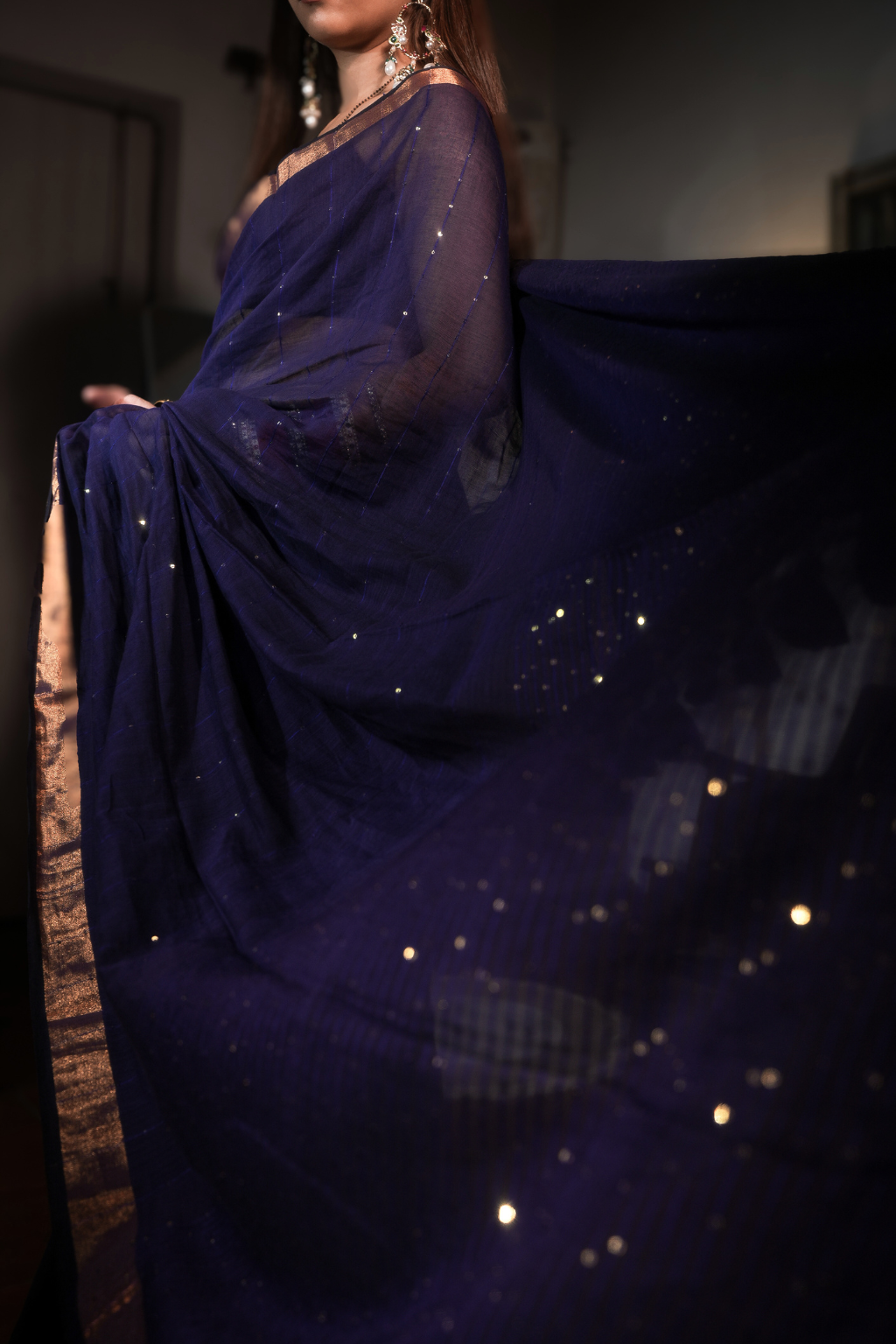 Neel Sitara - Royal Navy Blue Pure Mul Cotton Saree with Sequins & Zari Border