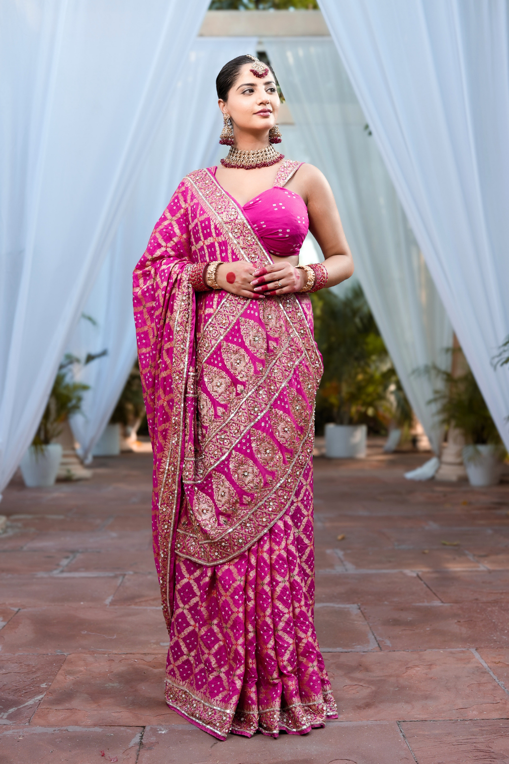 Siddhi - Royal Rani Pink Handcrafted Bandhani Saree with Heavy Cut-Dana & Sequin Handwork