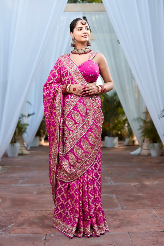 Siddhi - Royal Rani Pink Handcrafted Bandhani Saree with Heavy Cut-Dana & Sequin Handwork