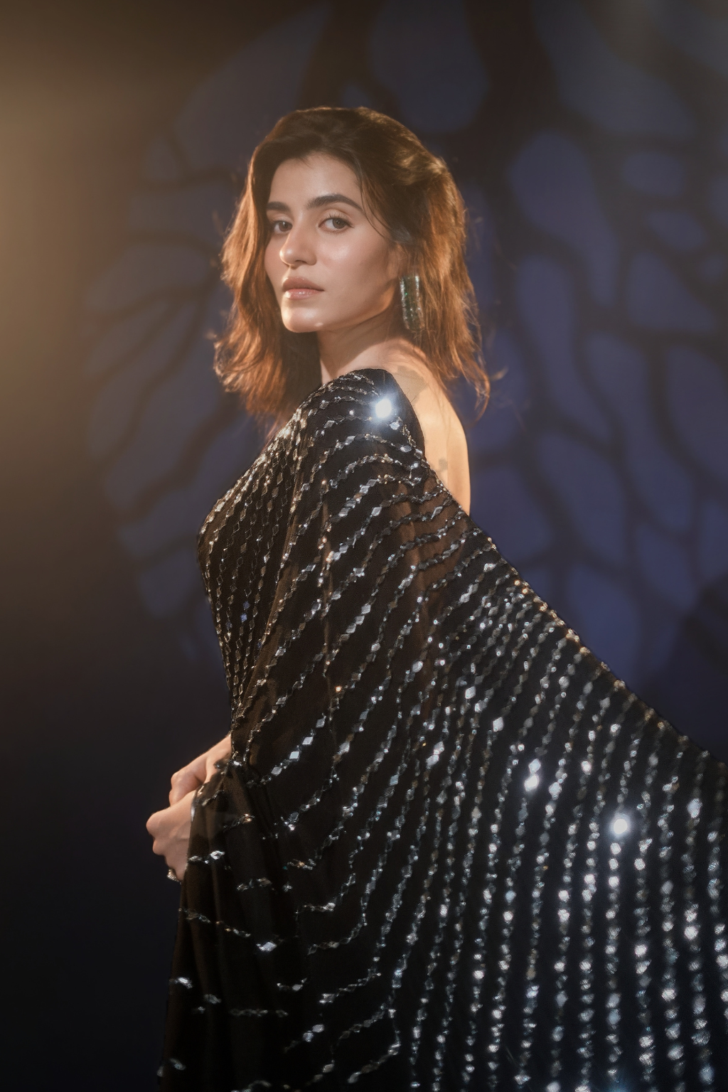 Aaina - Jet Black Chinon Saree with Real Handcrafted Mirror Work