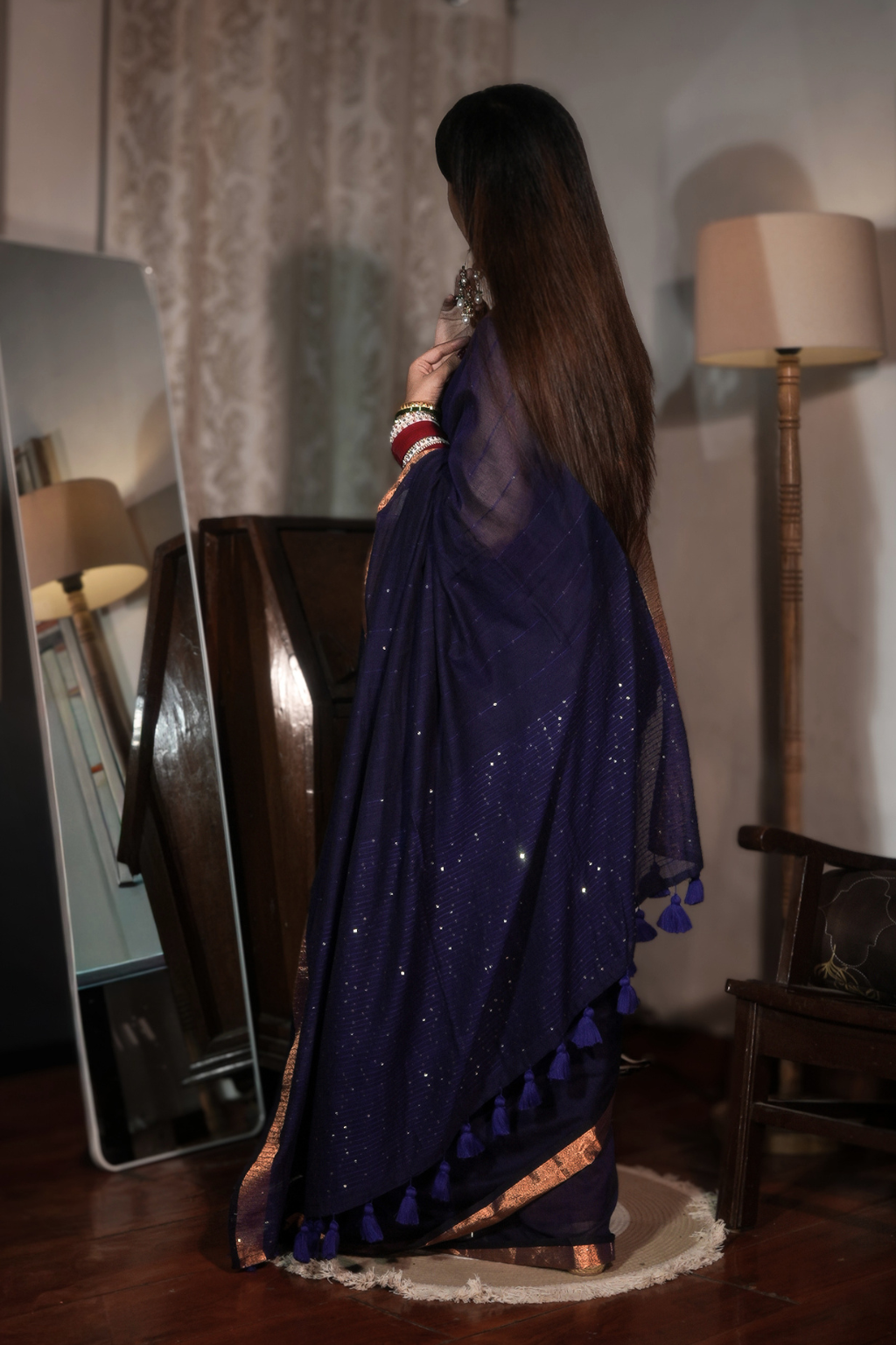 Neel Sitara - Royal Navy Blue Pure Mul Cotton Saree with Sequins & Zari Border