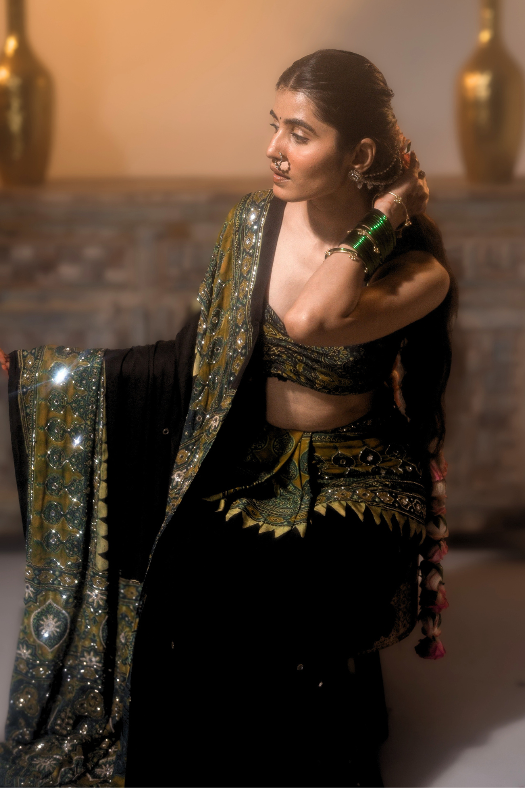 Heena - Handcrafted Ajrakh Saree with Real Mirror, Sequin & Cut-Dana Work
