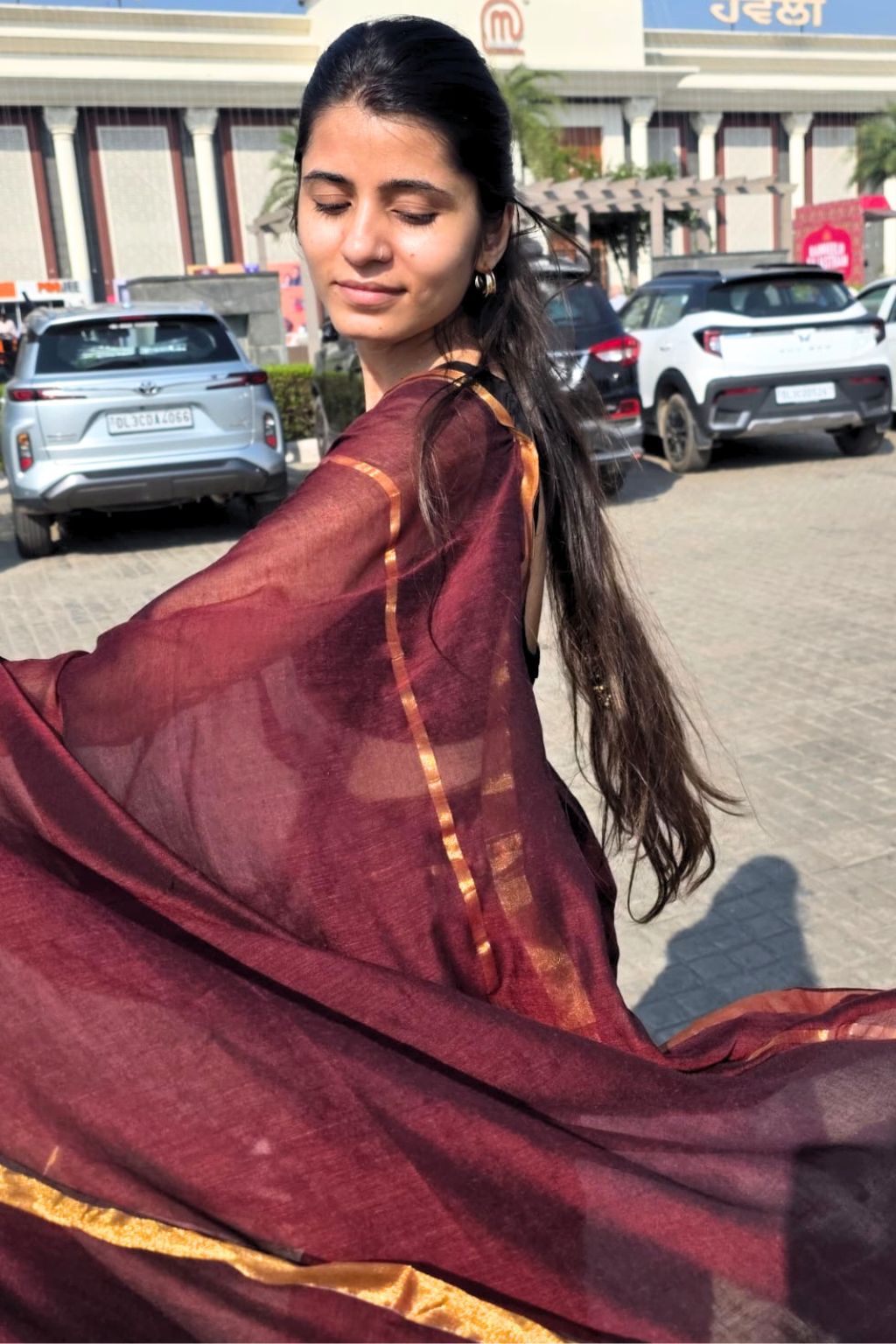 Meher - Deep Wine Mul Cotton Saree with Golden Zari Borders