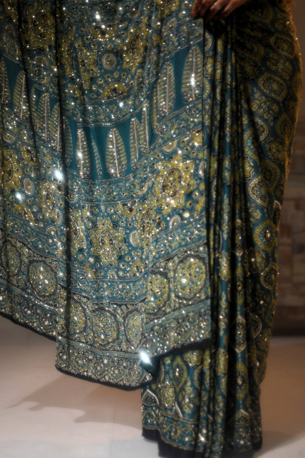 Sheesh Kohinoor - Slate Teal Handcrafted Ajrakh Modal Saree with Cut-Dana, Sequin & Mirror Work
