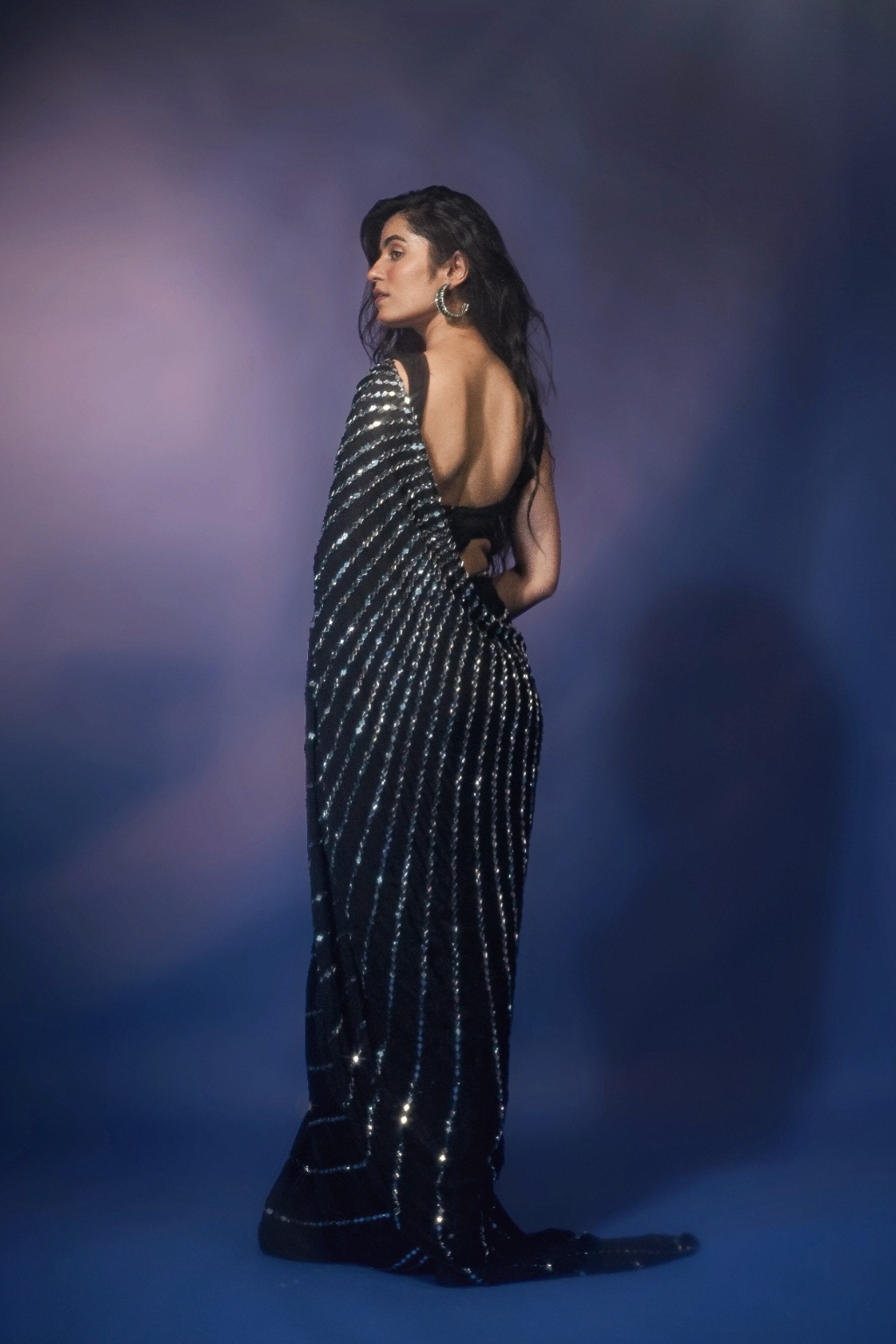 Aaina - Jet Black Chinon Saree with Real Handcrafted Mirror Work