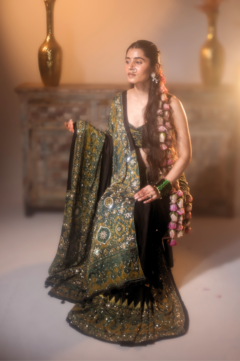 Heena - Handcrafted Ajrakh Saree with Real Mirror, Sequin & Cut-Dana Work