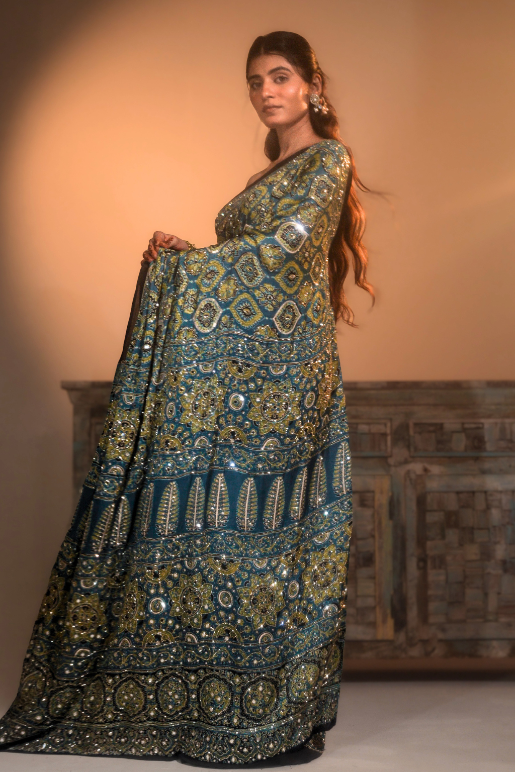 Sheesh Kohinoor - Slate Teal Handcrafted Ajrakh Modal Saree with Cut-Dana, Sequin & Mirror Work