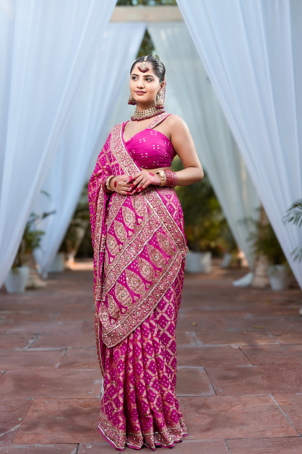 Siddhi - Royal Rani Pink Handcrafted Bandhani Saree with Heavy Cut-Dana & Sequin Handwork