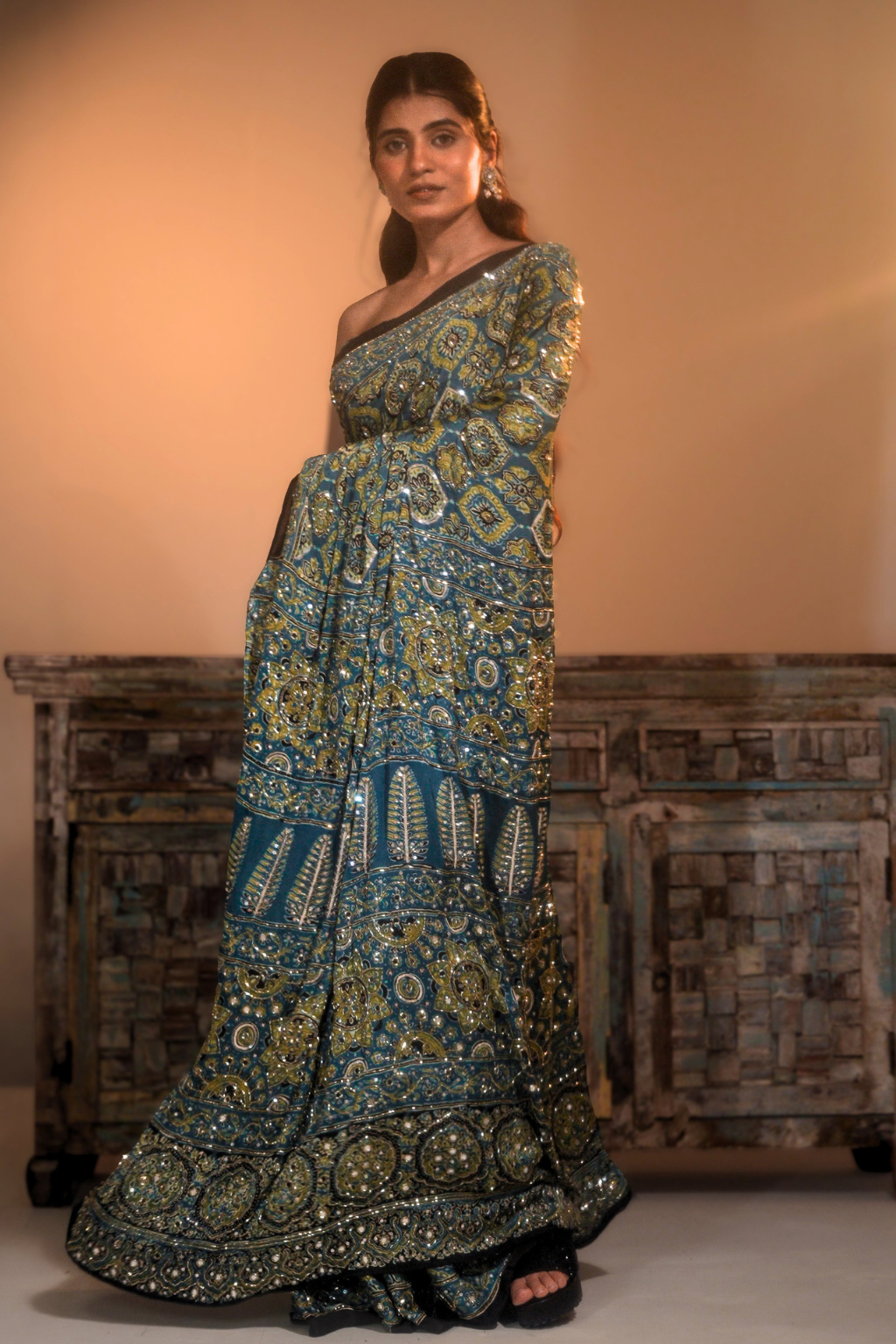 Sheesh Kohinoor - Slate Teal Handcrafted Ajrakh Modal Saree with Cut-Dana, Sequin & Mirror Work