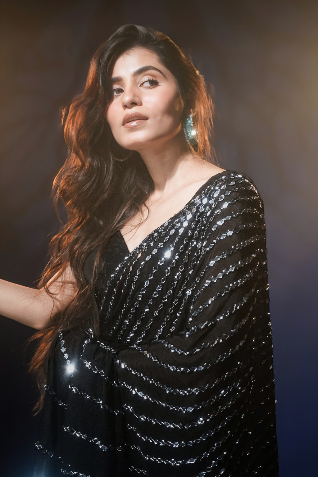 Aaina - Jet Black Chinon Saree with Real Handcrafted Mirror Work