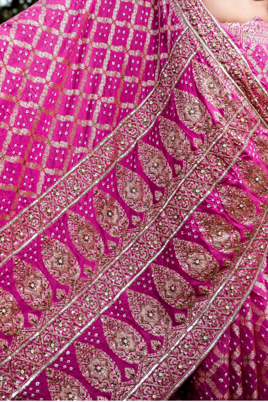 Siddhi - Royal Rani Pink Handcrafted Bandhani Saree with Heavy Cut-Dana & Sequin Handwork