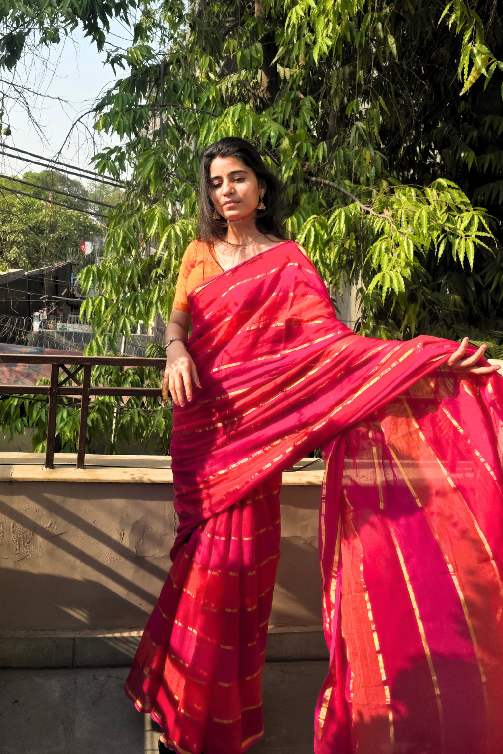Rangeen Rashmi - Sunset Pink & Orange Mul Cotton Saree