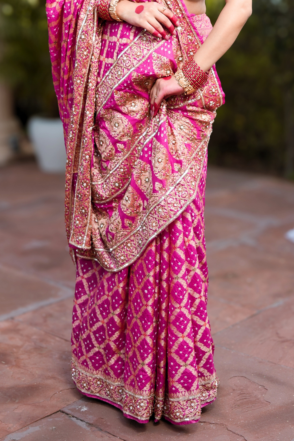 Siddhi - Royal Rani Pink Handcrafted Bandhani Saree with Heavy Cut-Dana & Sequin Handwork