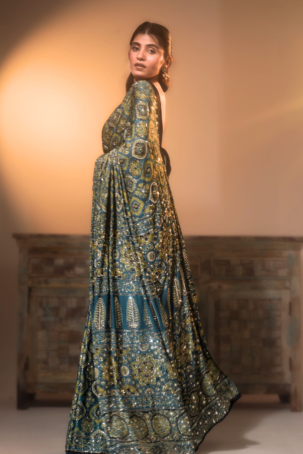 Sheesh Kohinoor - Slate Teal Handcrafted Ajrakh Modal Saree with Cut-Dana, Sequin & Mirror Work