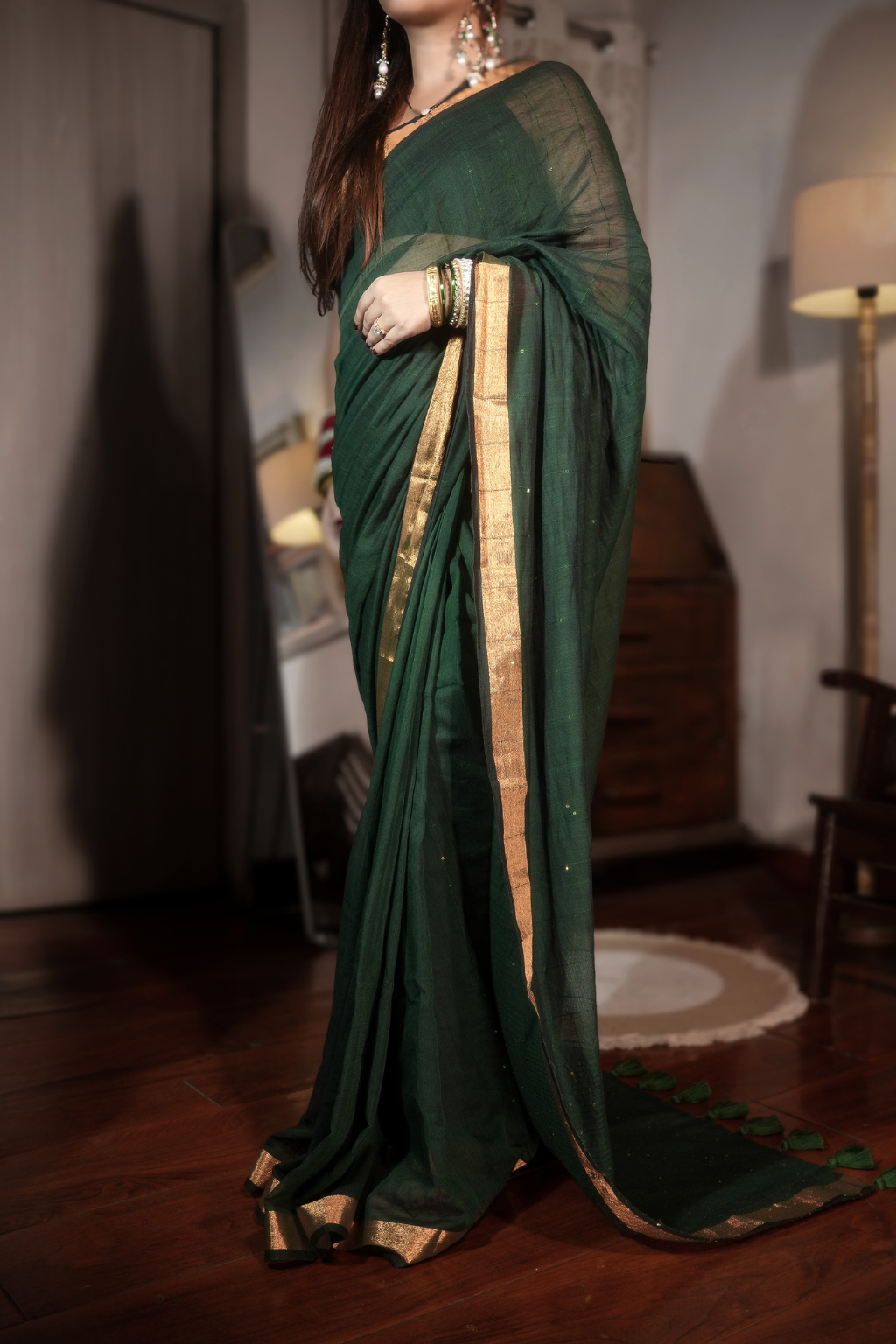 Panna Sitara - Emerald Green Pure Mul Cotton Saree with Sequins & Zari Border