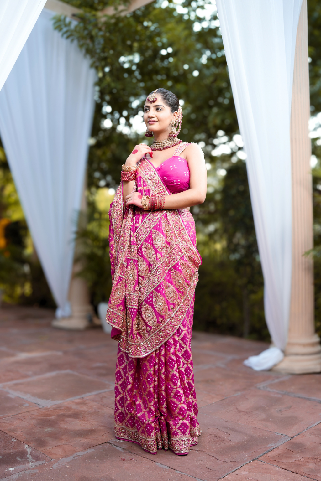 Siddhi - Royal Rani Pink Handcrafted Bandhani Saree with Heavy Cut-Dana & Sequin Handwork